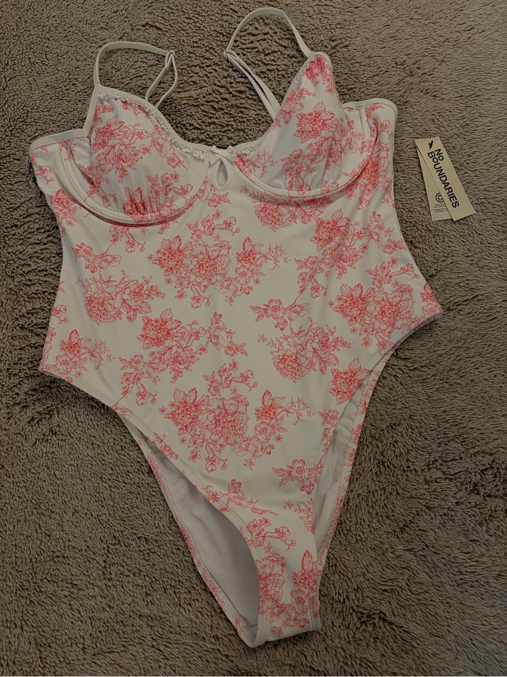 Womens White One-Piece Swimsuit with Pink Floral Print